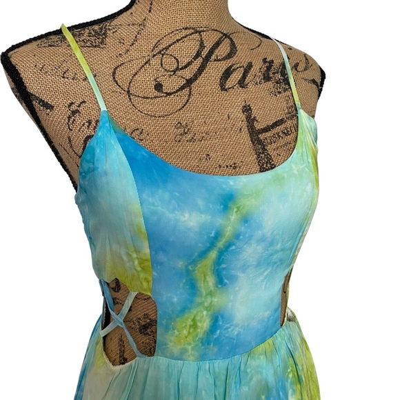 Cotton Candy Tie Dye Blue Green Cut Out Summer Mini Dress Size Medium - Picture 3 of 16